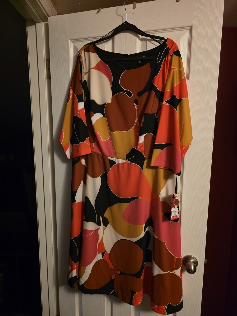 Abstract Floral Midi Dress in Pink, Orange, Mustard, Black